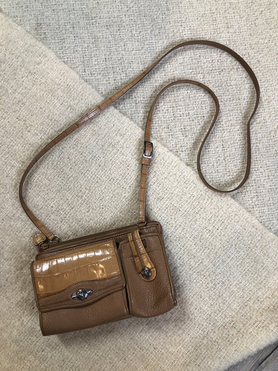 Light Brown Crossbody Bag with Croc-Embossed Details