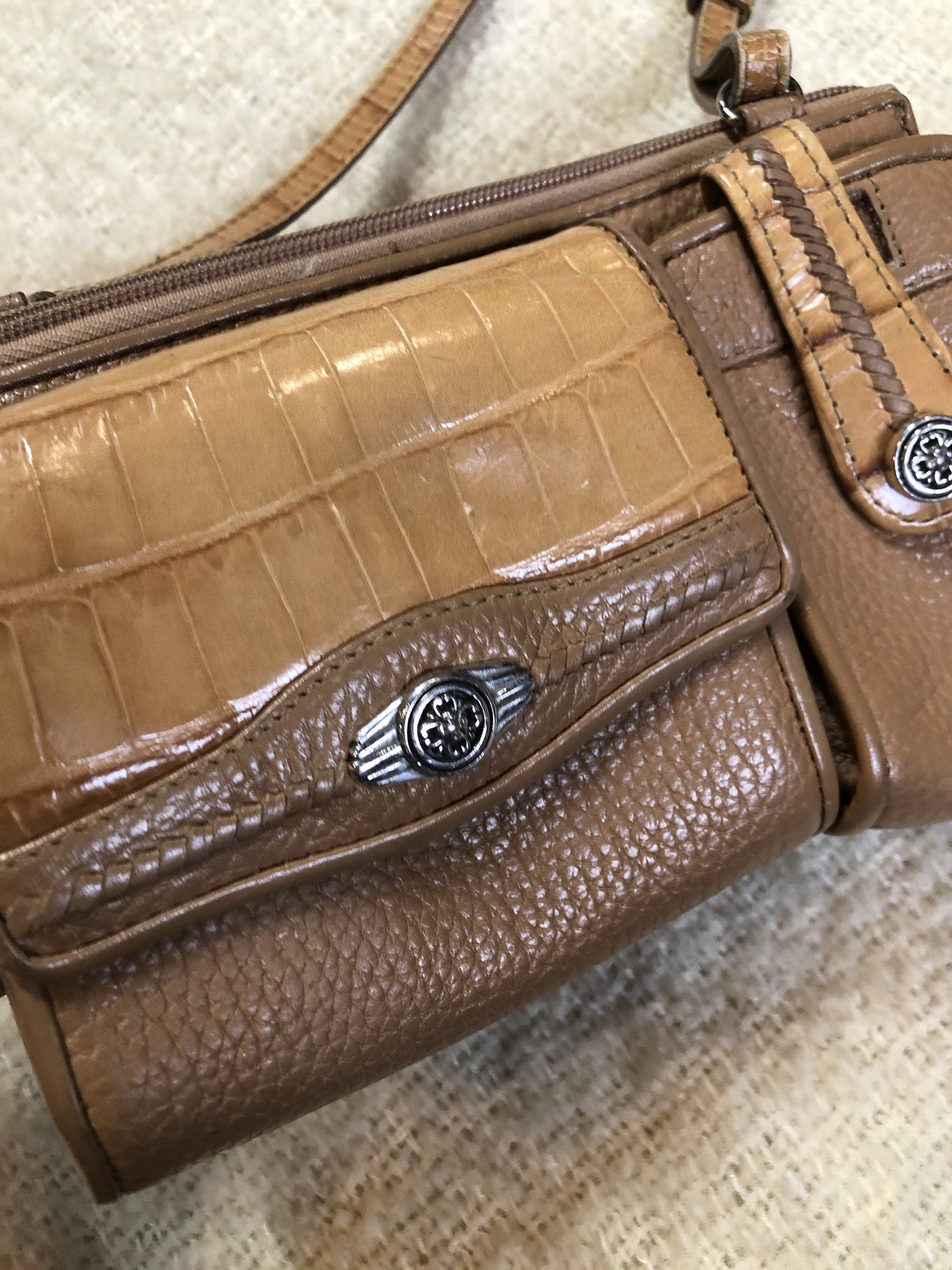 Light Brown Crossbody Bag with Croc-Embossed Details