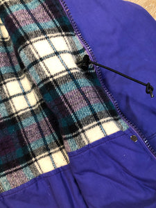 Kingspier Vintage - LL Bean purple casual coat with plaid lining, snap and zip closures, flap pockets, drawstring at the waist and detachable hood. Size medium.
