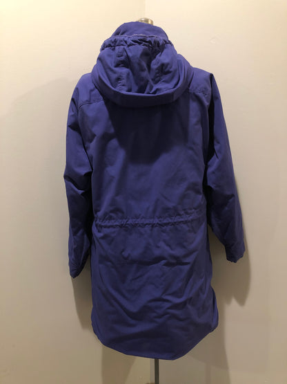 Kingspier Vintage - LL Bean purple casual coat with plaid lining, snap and zip closures, flap pockets, drawstring at the waist and detachable hood. Size medium.
