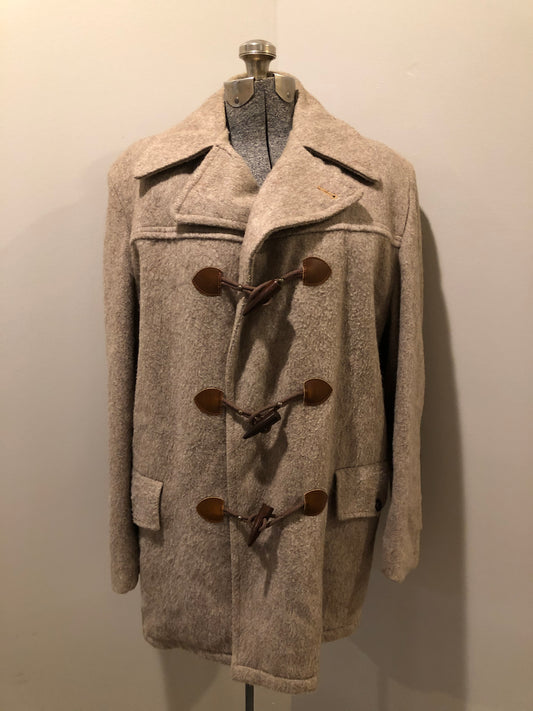 Kingspier Vintage - Wild Woods grey wool duffle coat with wooden toggles and zip closures, patch pockets, Sherpa and quilted lining. Made in Canada.

