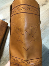 Load image into Gallery viewer, Kingspier Vintage - Sparx tall pull on leather boot in tan with decorative deer shape stitching, suede lining and a leather sole. 

Size women’s 6 

