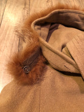 Load image into Gallery viewer, Kingspier Vintage - Vintage Braemar Petites wool blend shell in tan with removable fur trimmed hood,Thinsulate inner lining, button closures and two front pockets. Made in Romania. Size 10
