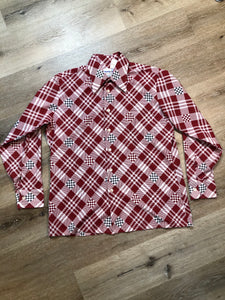 Kingspier Vintage - Mansport red, white and black checkerboard/ stripe and diamond pattern button up shirt. Cotton blend shirt. Mens size large.
