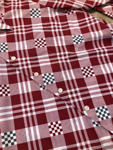 Kingspier Vintage - Mansport red, white and black checkerboard/ stripe and diamond pattern button up shirt. Cotton blend shirt. Mens size large.
