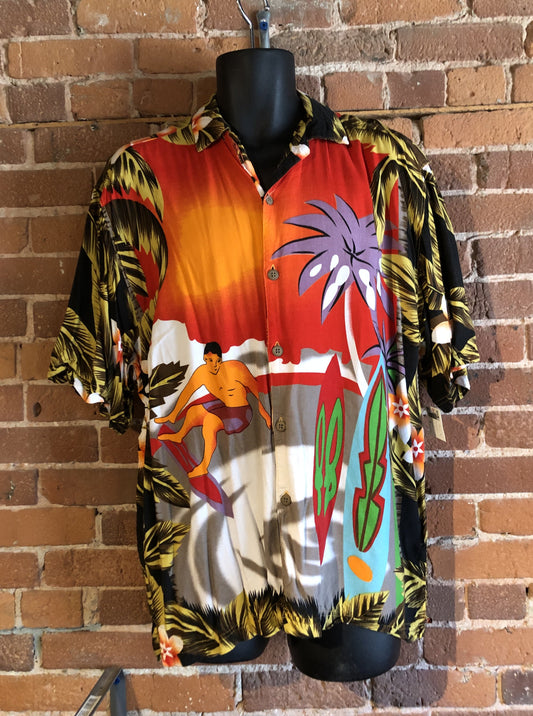 Kingspier Vintage - Thumbs Up Sportswear Hawaiian short sleeve button up shirt with multi colour surfing motif. Size medium mens.