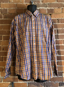 Kingspier Vintage - Yves St Laurent blue, orange yellow, green, white and red plaid button up shirt. 100% cotton with a small YSL logo on the chest. Size large mens.
