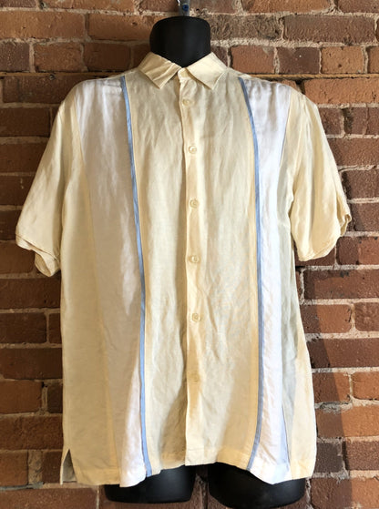 Kingspier Vintage - Cubavera Bridge white and blue short sleeve bowling shirt. Linen blend. Size medium mens.
