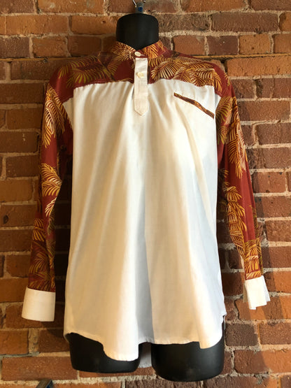 Kingspier Vintage - Vintage white and brick red manderin collared shirt with quarter button and palm tree design. Cotton fabric. Size medium mens.