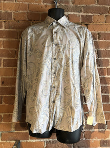 Kingspier Vintage - Pierre Cardin grey, blue and beige paisley button up shirt. 100% cotton. Size medium mens.