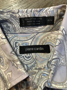 Kingspier Vintage - Pierre Cardin grey, blue and beige paisley button up shirt. 100% cotton. Size medium mens.