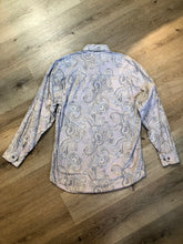 Load image into Gallery viewer, Kingspier Vintage - Pierre Cardin grey, blue and beige paisley button up shirt. 100% cotton. Size medium mens.
