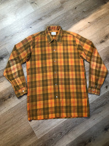 Kingspier Vintage - Vintage TownCraft orange plaid button up shirt for tall men, size large.