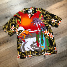 Load image into Gallery viewer, Kingspier Vintage - Thumbs Up Sportswear Hawaiian short sleeve button up shirt with multi colour surfing motif. Size medium mens.
