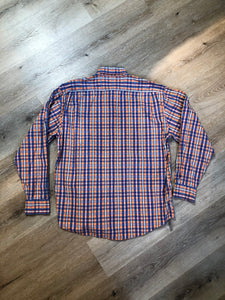 Kingspier Vintage - Yves St Laurent blue, orange yellow, green, white and red plaid button up shirt. 100% cotton with a small YSL logo on the chest. Size large mens.
