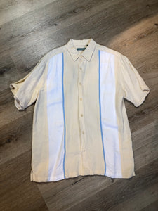 Kingspier Vintage - Cubavera Bridge white and blue short sleeve bowling shirt. Linen blend. Size medium mens.

