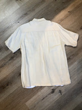 Load image into Gallery viewer, Kingspier Vintage - Cubavera Bridge white and blue short sleeve bowling shirt. Linen blend. Size medium mens.

