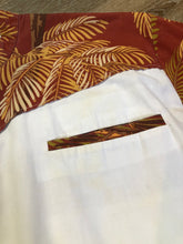 Load image into Gallery viewer, Kingspier Vintage - Vintage white and brick red manderin collared shirt with quarter button and palm tree design. Cotton fabric. Size medium mens.
