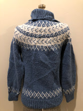Load image into Gallery viewer, Kingspier Vintage - &quot;Hand Knit acrylic blue and white Lopi style button up cardigan. Size small.

