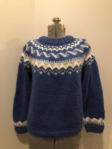 Kingspier Vintage - Hand Knit blue, grey and white Lopi Style sweater. Acrylic fibers. Size large.

