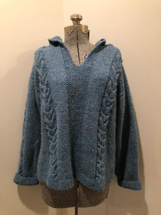 Kingspier Vintage - Hand knit wool hooded sweater in teal with flecks of multi colours. Size medium.