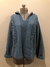 Load image into Gallery viewer, Kingspier Vintage - Hand knit wool hooded sweater in teal with flecks of multi colours. Size medium.

