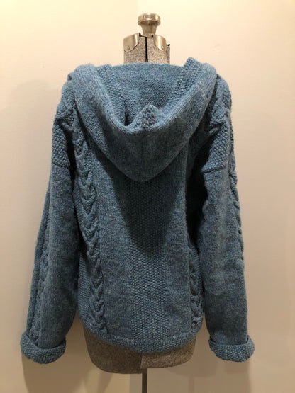 Kingspier Vintage - Hand knit wool hooded sweater in teal with flecks of multi colours. Size medium.