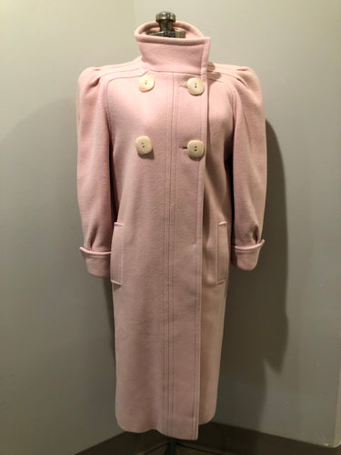 Kingspier Vintage - Novelti pink 100% wool double breasted coat with pleating detail in shoulders, cuffed sleeves, button and snap closures and vertical pockets. Made in Canada. Size small.
