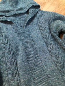 Kingspier Vintage - Hand knit wool hooded sweater in teal with flecks of multi colours. Size medium.