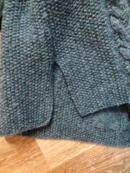 Kingspier Vintage - Hand knit wool hooded sweater in teal with flecks of multi colours. Size medium.