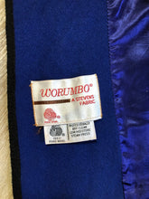 Load image into Gallery viewer, Kingspier Vintage - Alorna royal blue 100% wool cape with arm slits, attached scarf, satin like lining and inside pockets. Union made in USA. 


