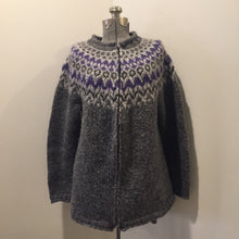 Load image into Gallery viewer, Kingspier Vintage - Hand knit grey and purple wool zip-up cardigan. Made in Nova Scotia. Size large.

