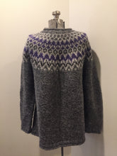 Load image into Gallery viewer, Kingspier Vintage - Hand knit grey and purple wool zip-up cardigan. Made in Nova Scotia. Size large.


