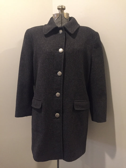 Kingspier Vintage - Alfred Dunner grey 100% wool coat with ornate silver buttons and flap pockets. Made in USA. Size 12.