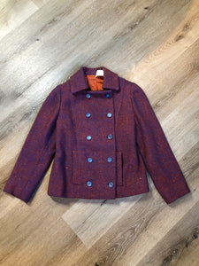 Kingspier Vintage - Handmade blue and orange tweed double breasted jacket with slash pockets and orange inner lining. Size XS/ Small.