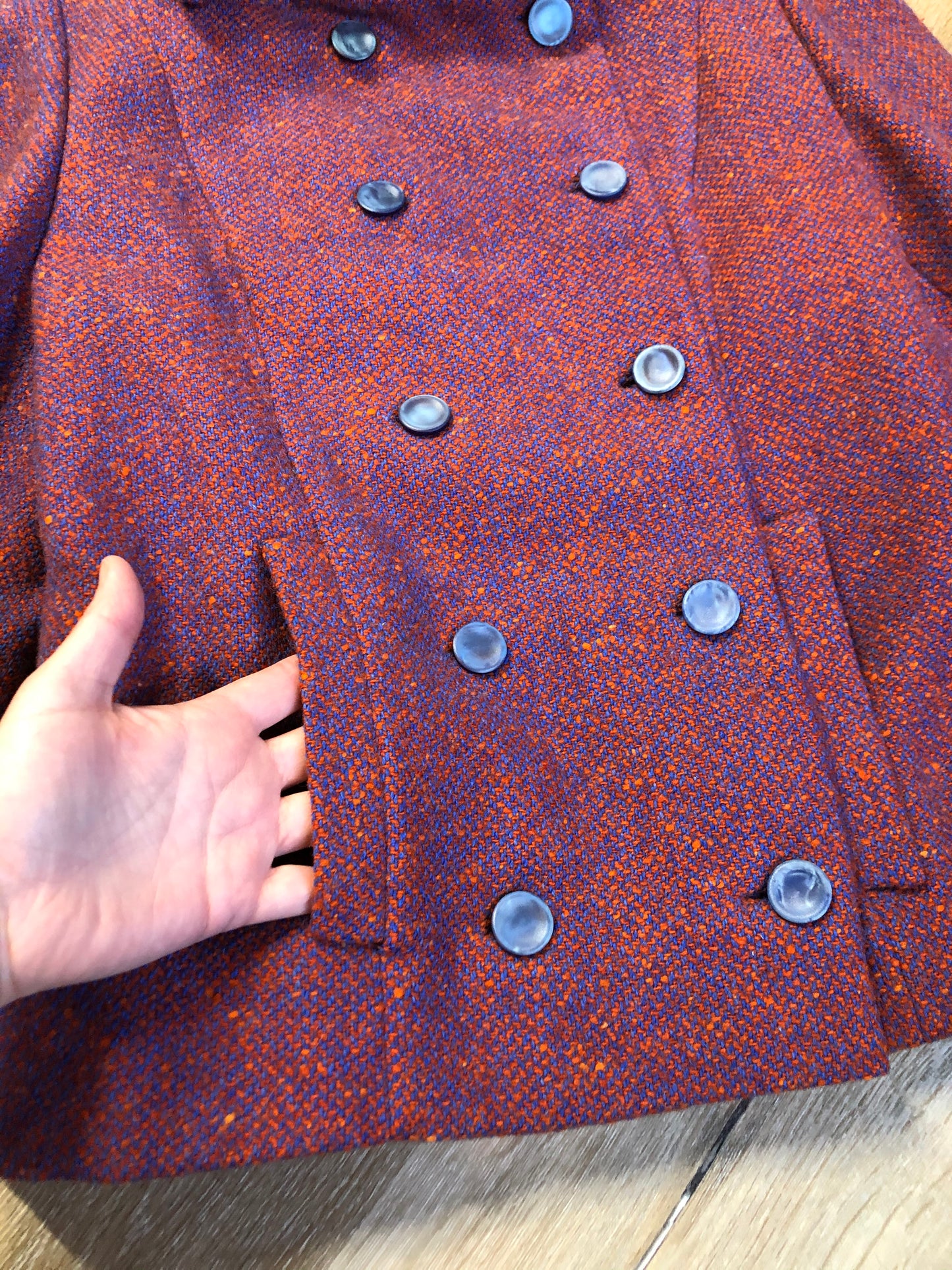 Kingspier Vintage - Handmade blue and orange tweed double breasted jacket with slash pockets and orange inner lining. Size XS/ Small.