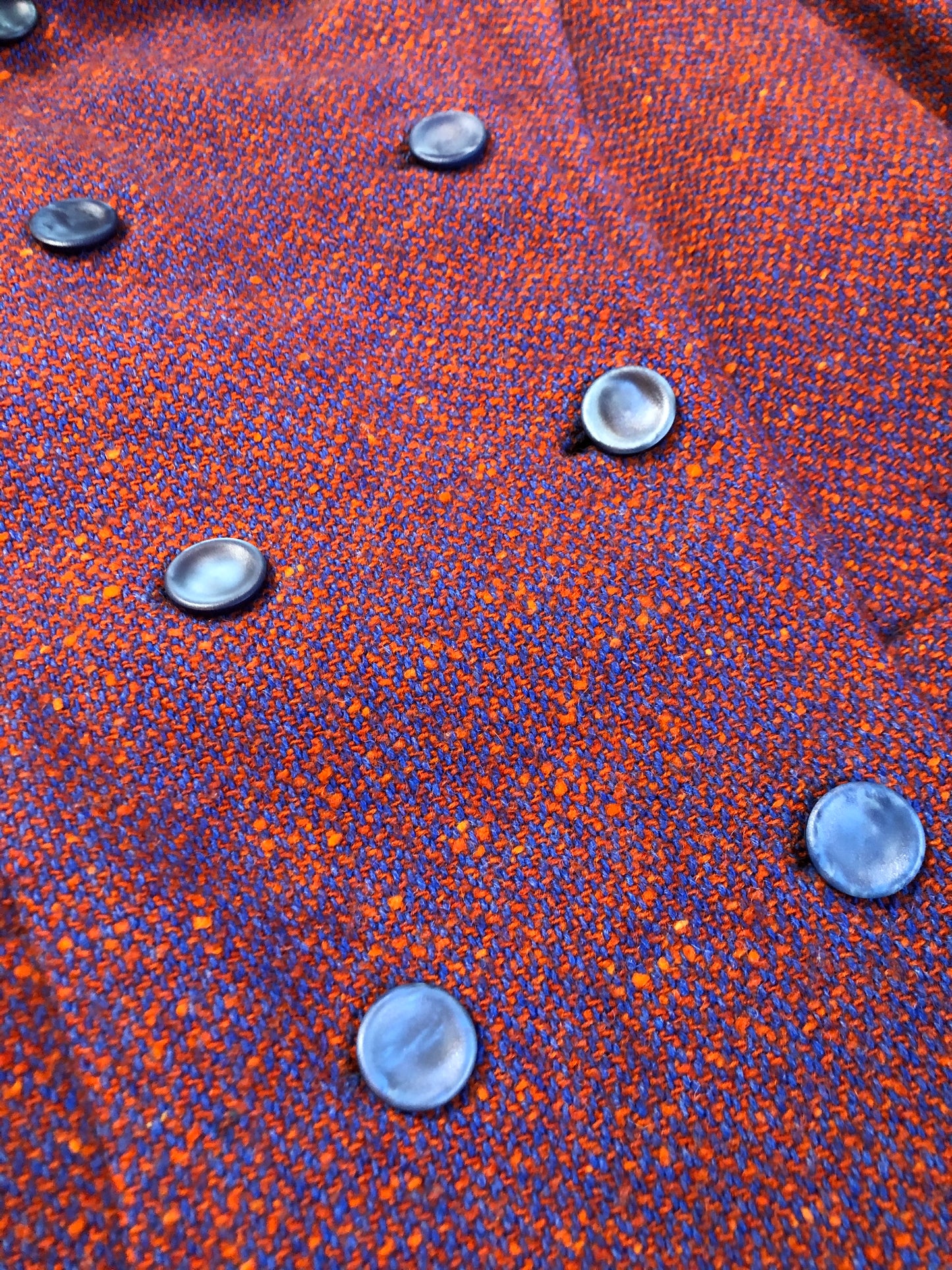 Kingspier Vintage - Handmade blue and orange tweed double breasted jacket with slash pockets and orange inner lining. Size XS/ Small.