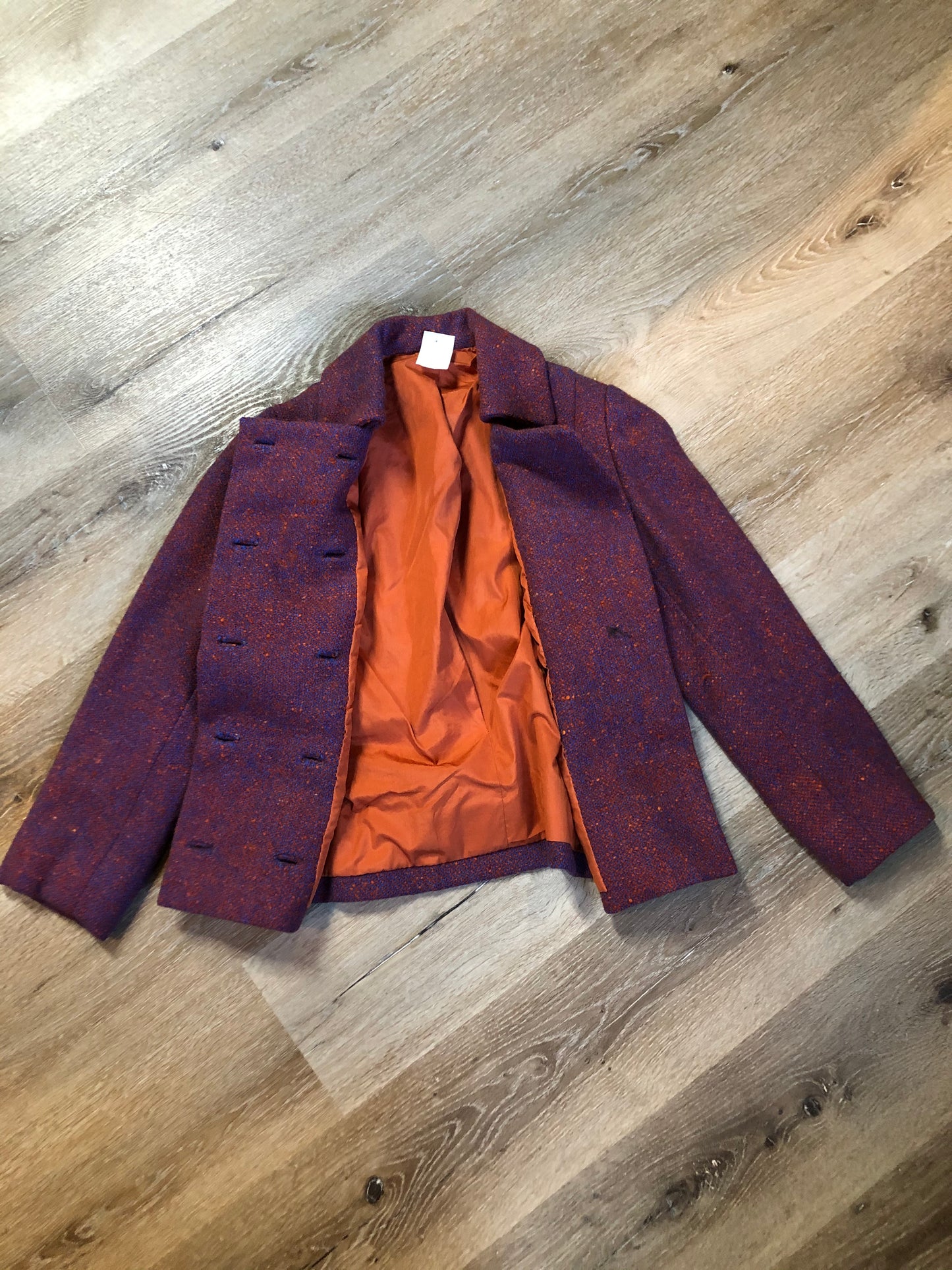 Kingspier Vintage - Handmade blue and orange tweed double breasted jacket with slash pockets and orange inner lining. Size XS/ Small.