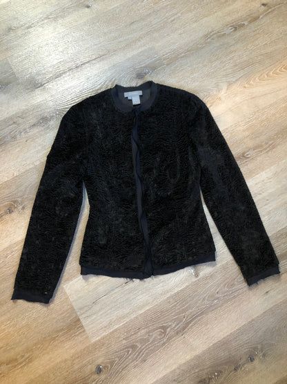 Kingspier Vintage - Ecocci black textured jacket with silk frill trim, button closures and inner lining, Size XS.