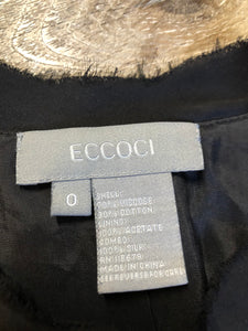 Kingspier Vintage - Ecocci black textured jacket with silk frill trim, button closures and inner lining, Size XS.