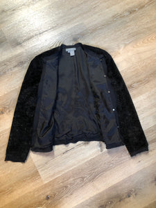Kingspier Vintage - Ecocci black textured jacket with silk frill trim, button closures and inner lining, Size XS.