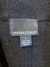 Load image into Gallery viewer, Kingspier Vintage - Cynthia Rowley black belted wool cardigan with buttons and grey wool flower details. Size medium.

