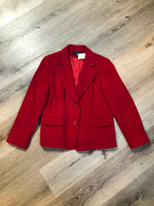 Kingspier Vintage - Louben red wool and cashmere blend blazer with button closures and flap pockets. Made in Canada. Size petite 8/ small.