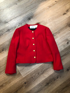 Kingspier Vintage - Vintage 70’s Suttles and Seawinds red felted wool jacket with ornate gold buttons and inner lining. Made in Mahone Bay, Nova Scotia. Size large.