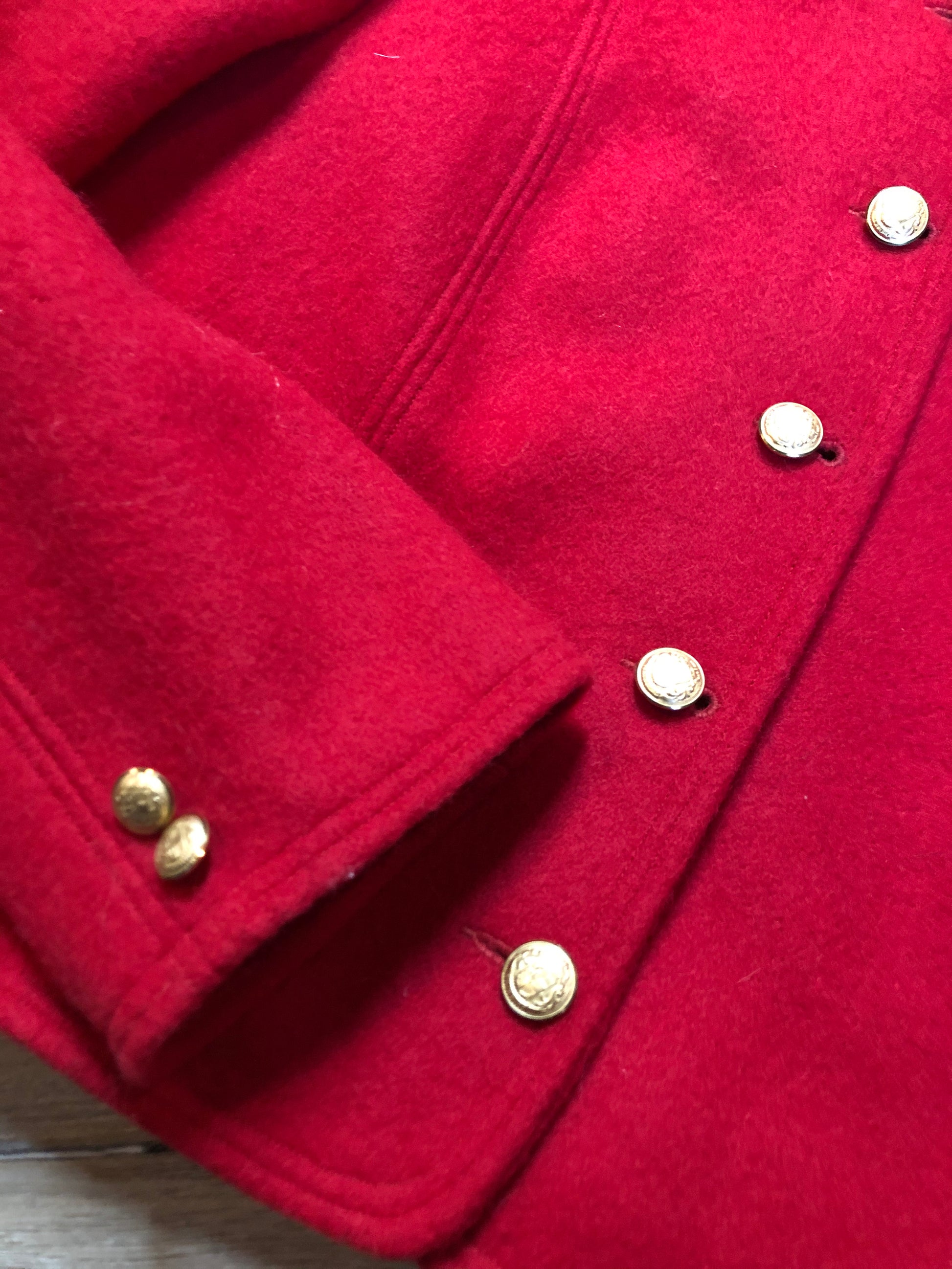 Kingspier Vintage - Vintage 70’s Suttles and Seawinds red felted wool jacket with ornate gold buttons and inner lining. Made in Mahone Bay, Nova Scotia. Size large.