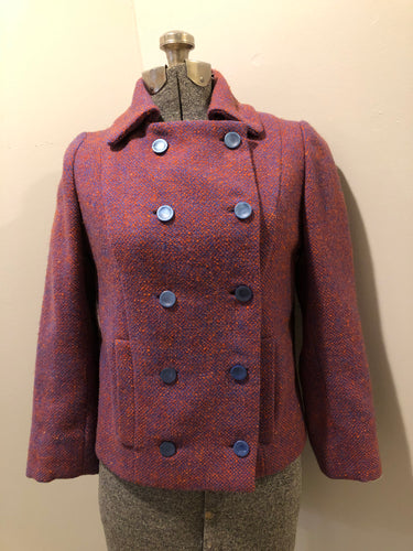 Kingspier Vintage - Handmade blue and orange tweed double breasted jacket with slash pockets and orange inner lining. Size XS/ Small.