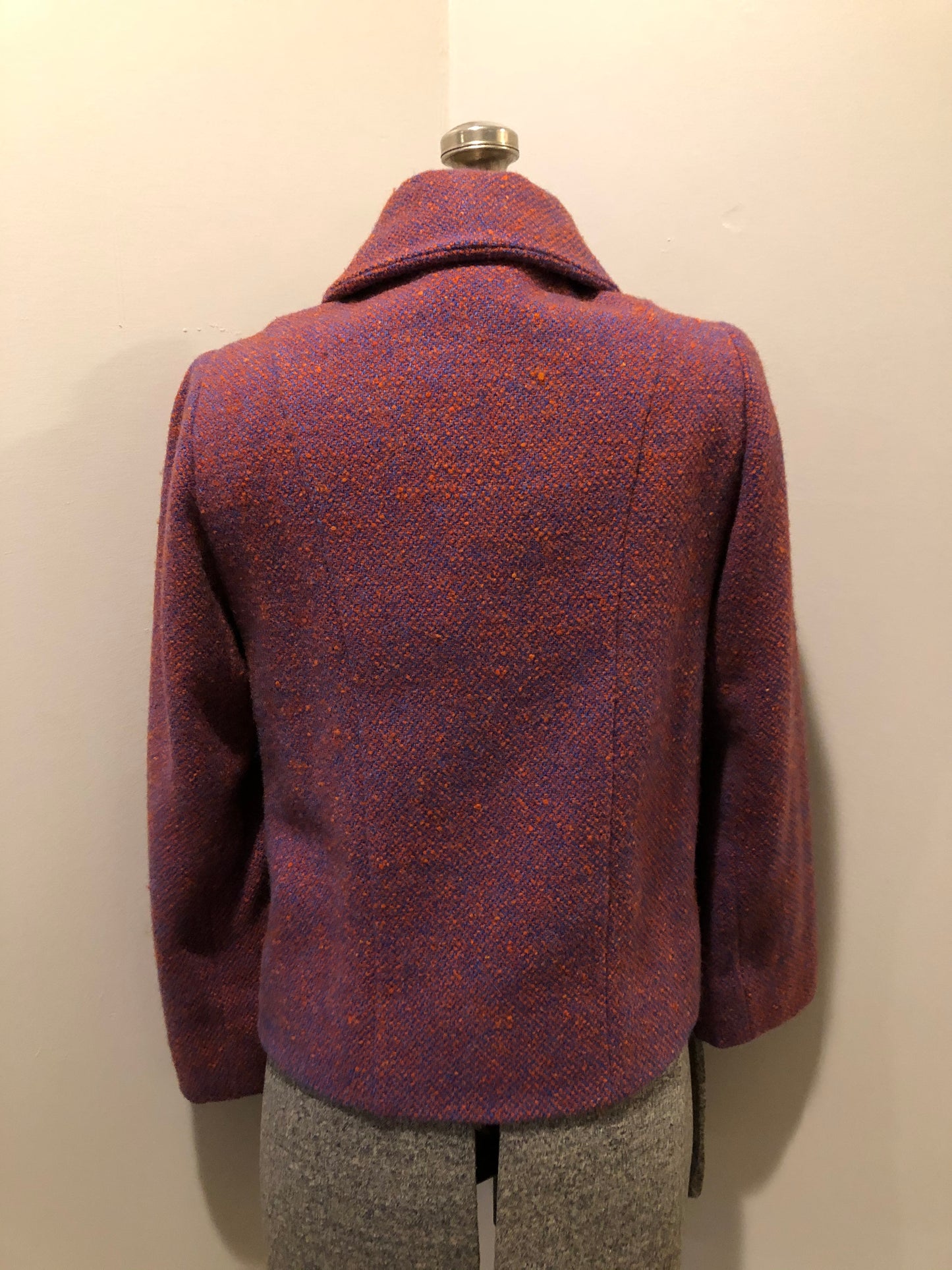 Kingspier Vintage - Handmade blue and orange tweed double breasted jacket with slash pockets and orange inner lining. Size XS/ Small.