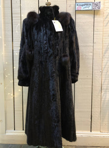 Kingspier Vintage - Vintage Furs by Offerman long fur coat with fur pom poms and a removable hood, hook and eye closures, pockets and an “M.R.M” monogram on the black satin lining.Made in Nova Scotia, Canada.