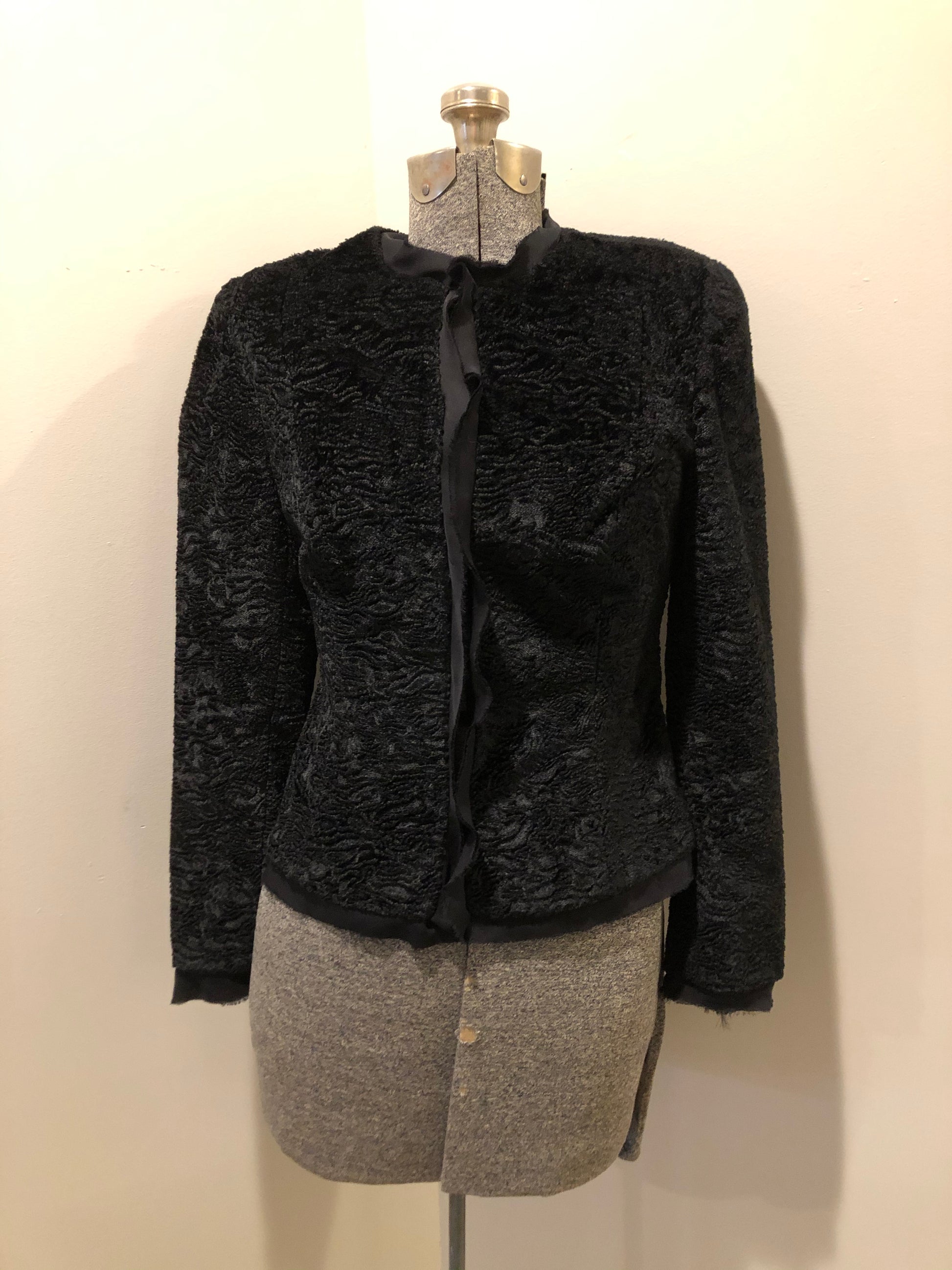 Kingspier Vintage - Ecocci black textured jacket with silk frill trim, button closures and inner lining, Size XS.