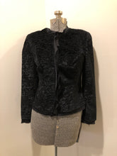 Load image into Gallery viewer, Kingspier Vintage - Ecocci black textured jacket with silk frill trim, button closures and inner lining, Size XS.
